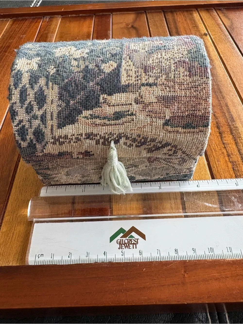 Vintage Tapestry Jewelry Box with Pattern and Tassel Closure
